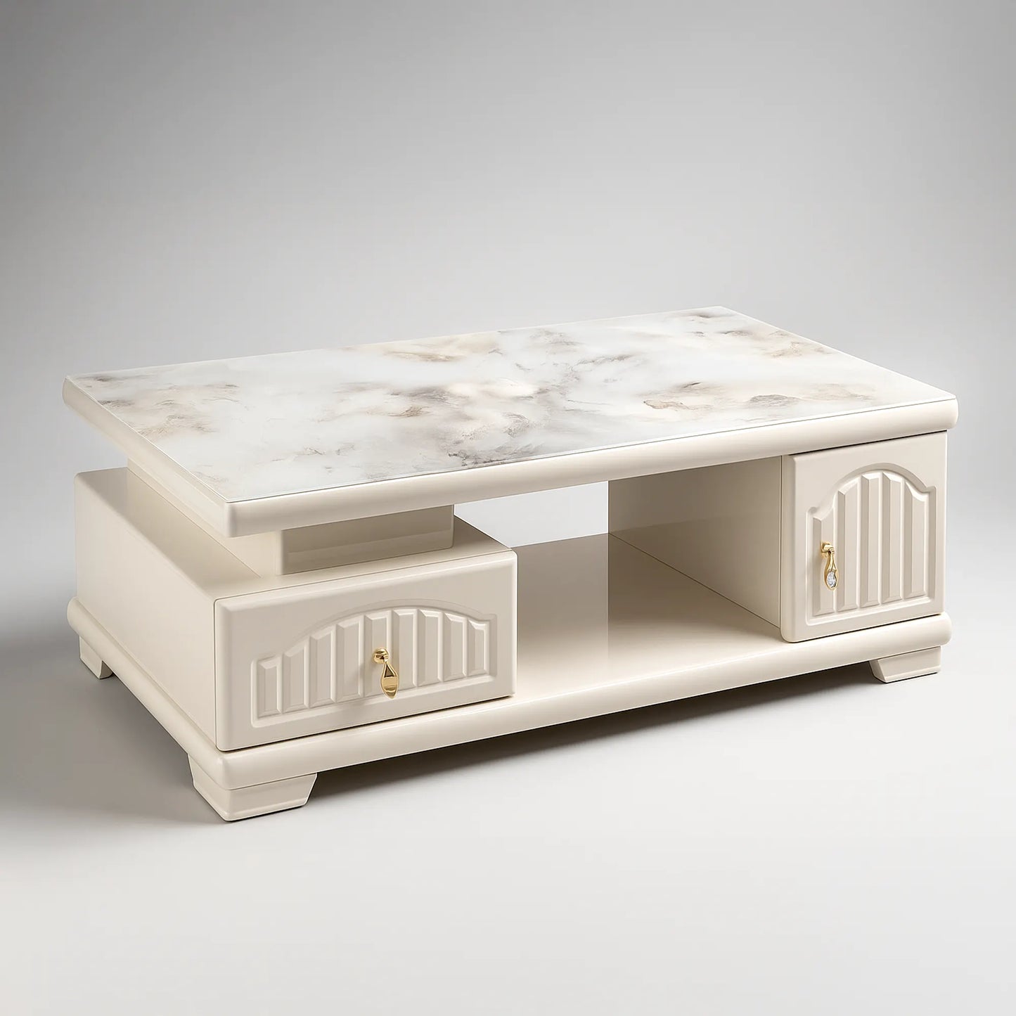Marble-Top Coffee/Centre Table with Two Drawers & Open Shelf | MDF Board | Free Shipping Kolkata | 5-Year Service Warranty