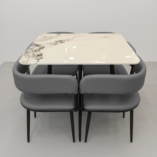 Modern Marble Dining Table Set with 4 Cushioned Chairs – Compact & Stylish