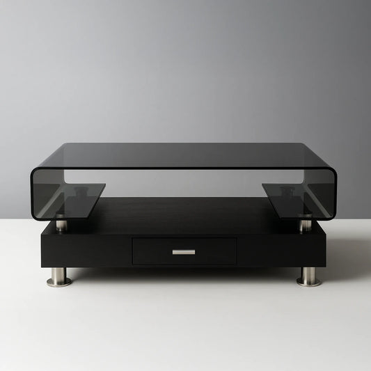 Premium Glass-Top Center Table with Storage | MDF Board, Rounded Edges, Metal Feet | 5-Year Service Warranty