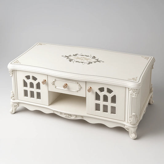 Classic White Center Coffee Table with Cabinets & Drawer | MDF Board | Vintage Carved Design | Free Shipping Kolkata