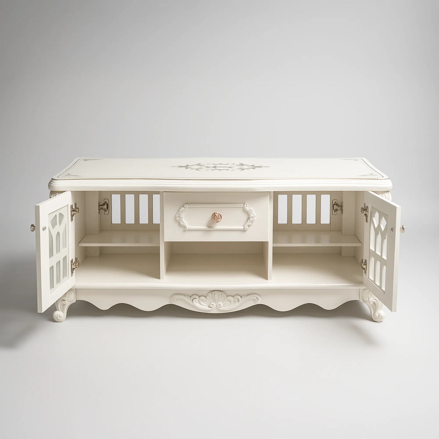 Classic White Center Coffee Table with Cabinets & Drawer | MDF Board | Vintage Carved Design | Free Shipping Kolkata