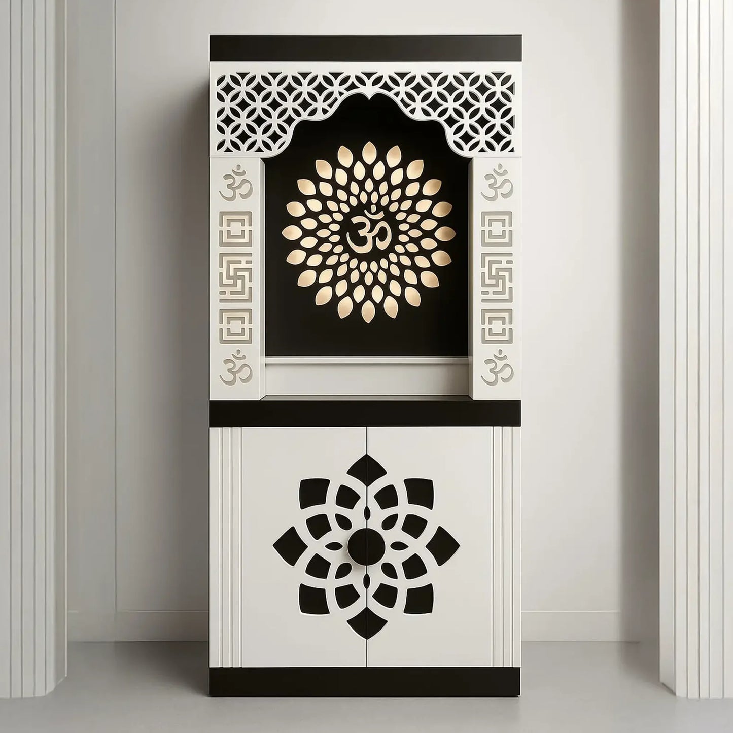 Stylish Mandir for Home with Decorative Cutwork & Warm Illumination