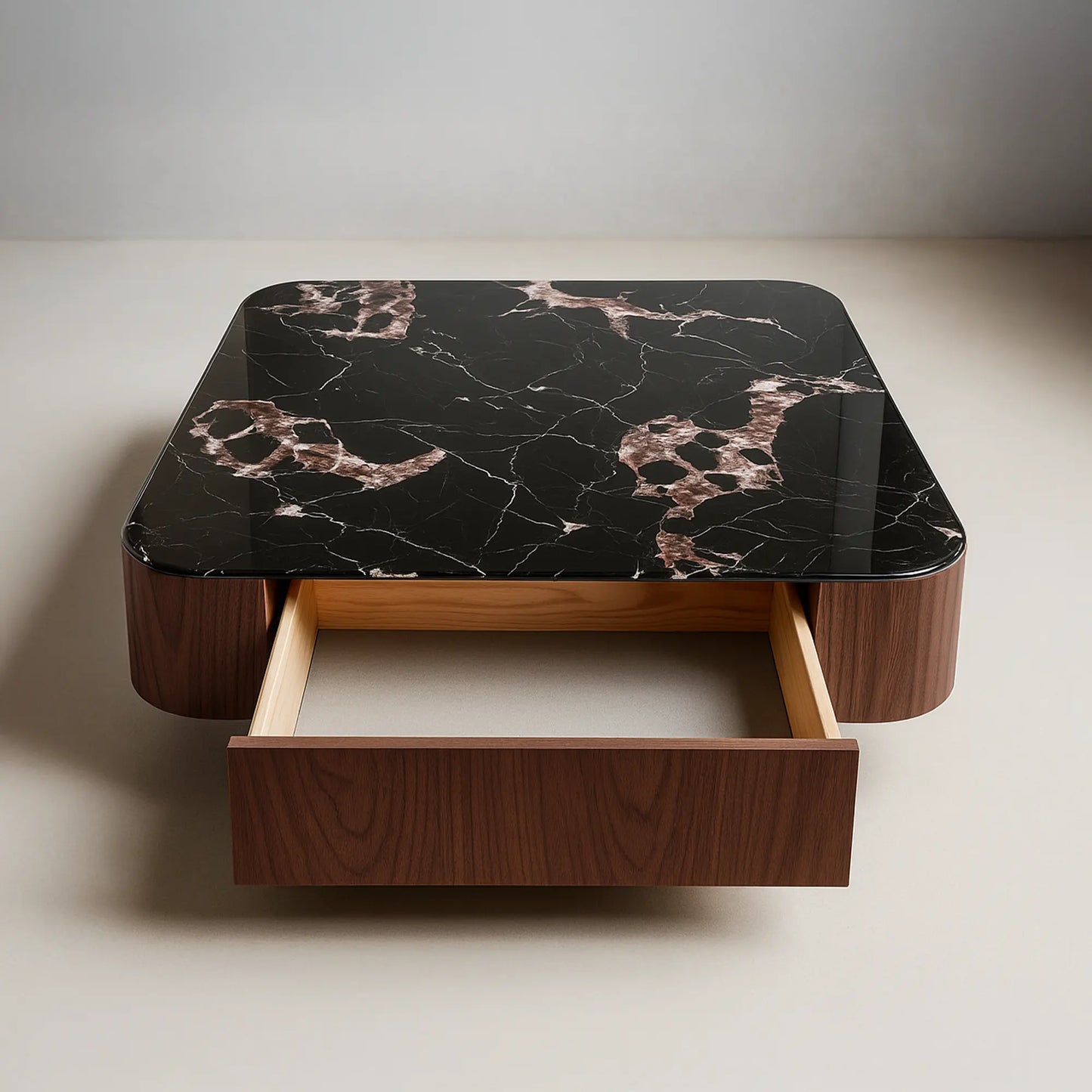 Luxury Marble-Top Square Center Coffee Table with Hidden Drawer | MDF Board | Free Shipping Kolkata | 5-Year Service Warranty