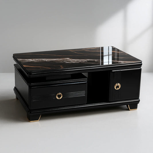 Luxury Marble-Look Center Coffee Table with Drawer & Cabinet Storage | MDF Board | Modern Living Room | Free Shipping Kolkata | 5-Year Service Warranty