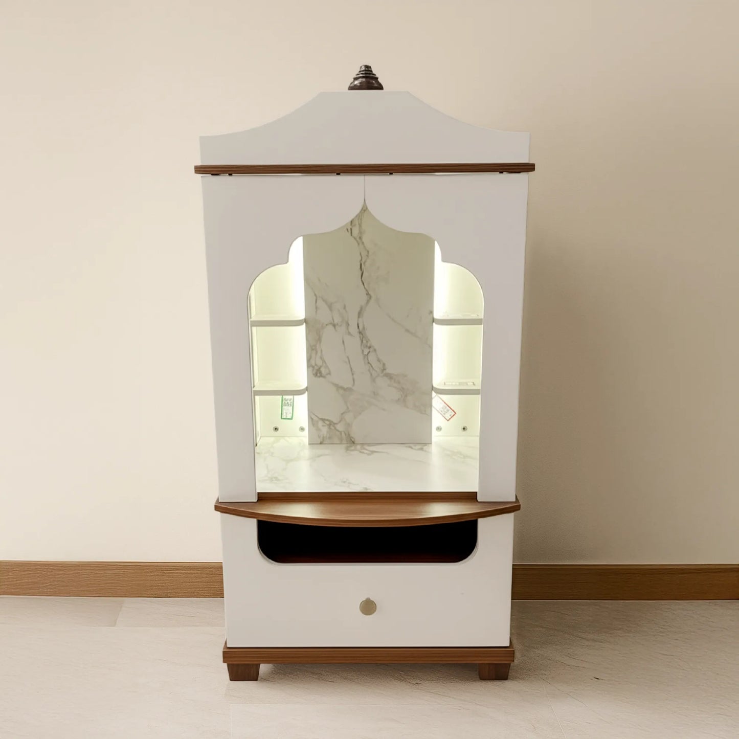 Small Pooja Temple for Apartments – White & Walnut Two-Tone Finish