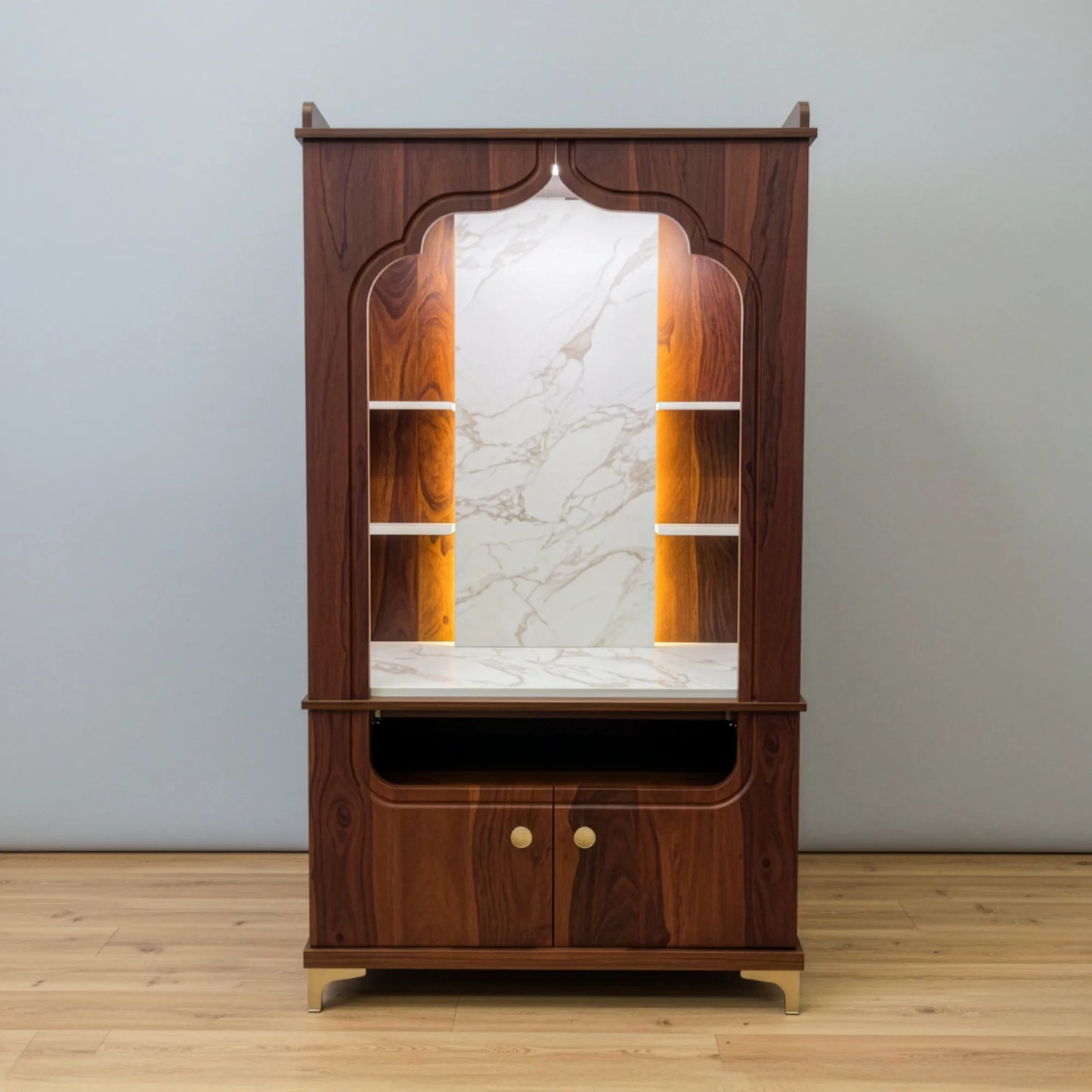 Wooden-Finish Home Temple with Open Aarti Shelf & Base Cabinet