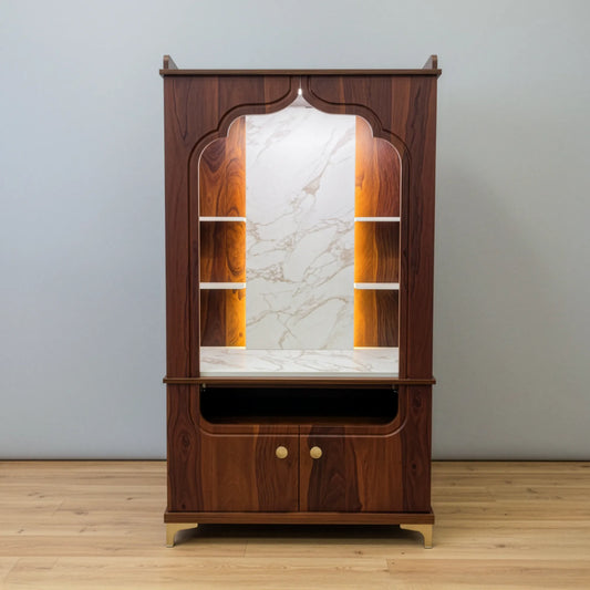 Wooden-Finish Home Temple with Open Aarti Shelf & Base Cabinet