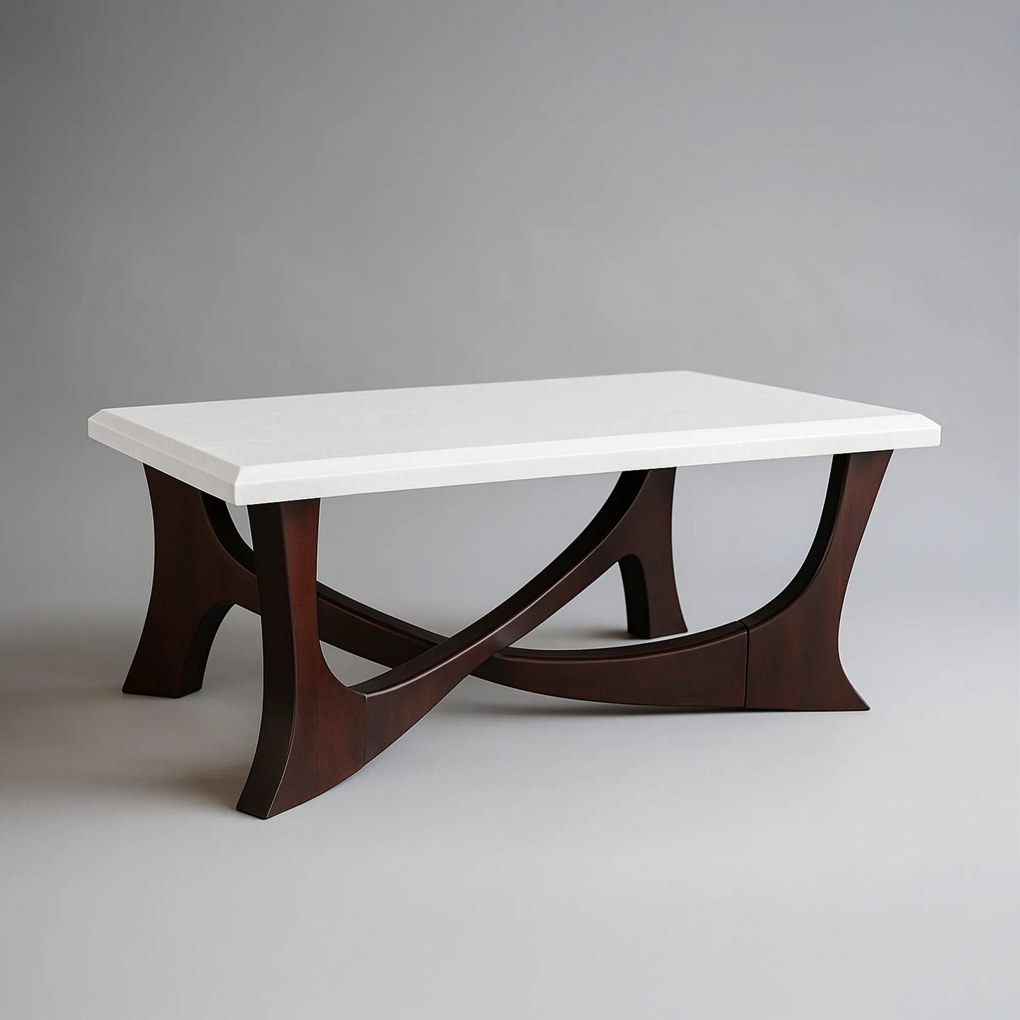 Modern Centre Table — White Stone-Finish Top & Curved Walnut Base | Living & Drawing Room