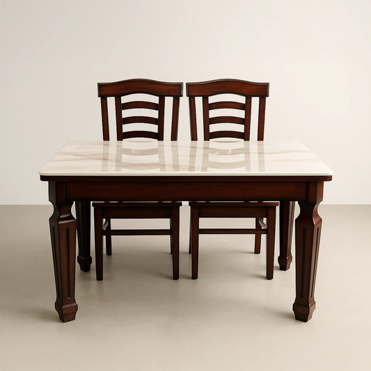 Stylish Marble Dining Table Set with 4 Cushioned Wooden Chairs – Classic Walnut Finish