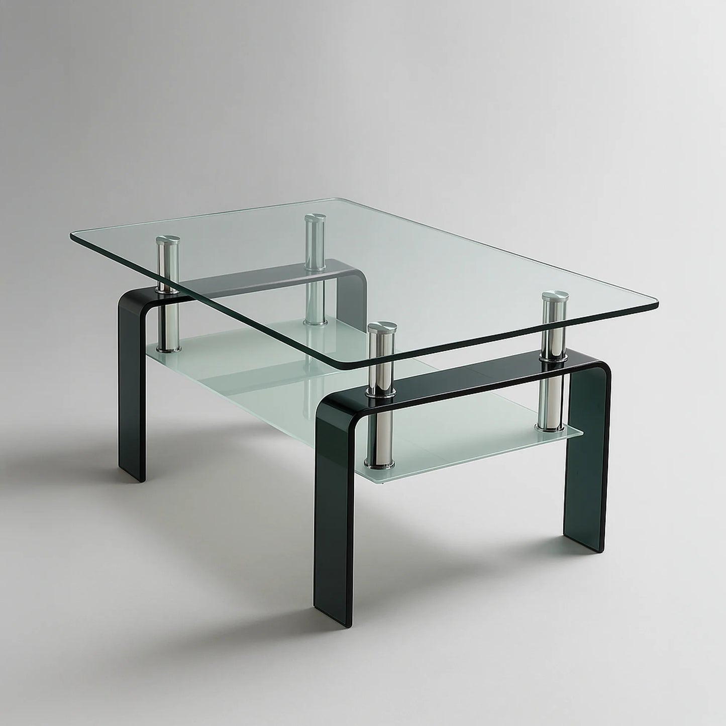 Glass Top Tea/Centre Table with Storage Shelf | MDF Board Base, Metal Pillars | Free Shipping Kolkata | 5-Year Service Warranty