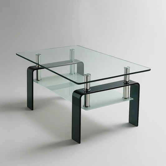 Glass Top Tea/Centre Table with Storage Shelf | MDF Board Base, Metal Pillars | Free Shipping Kolkata | 5-Year Service Warranty