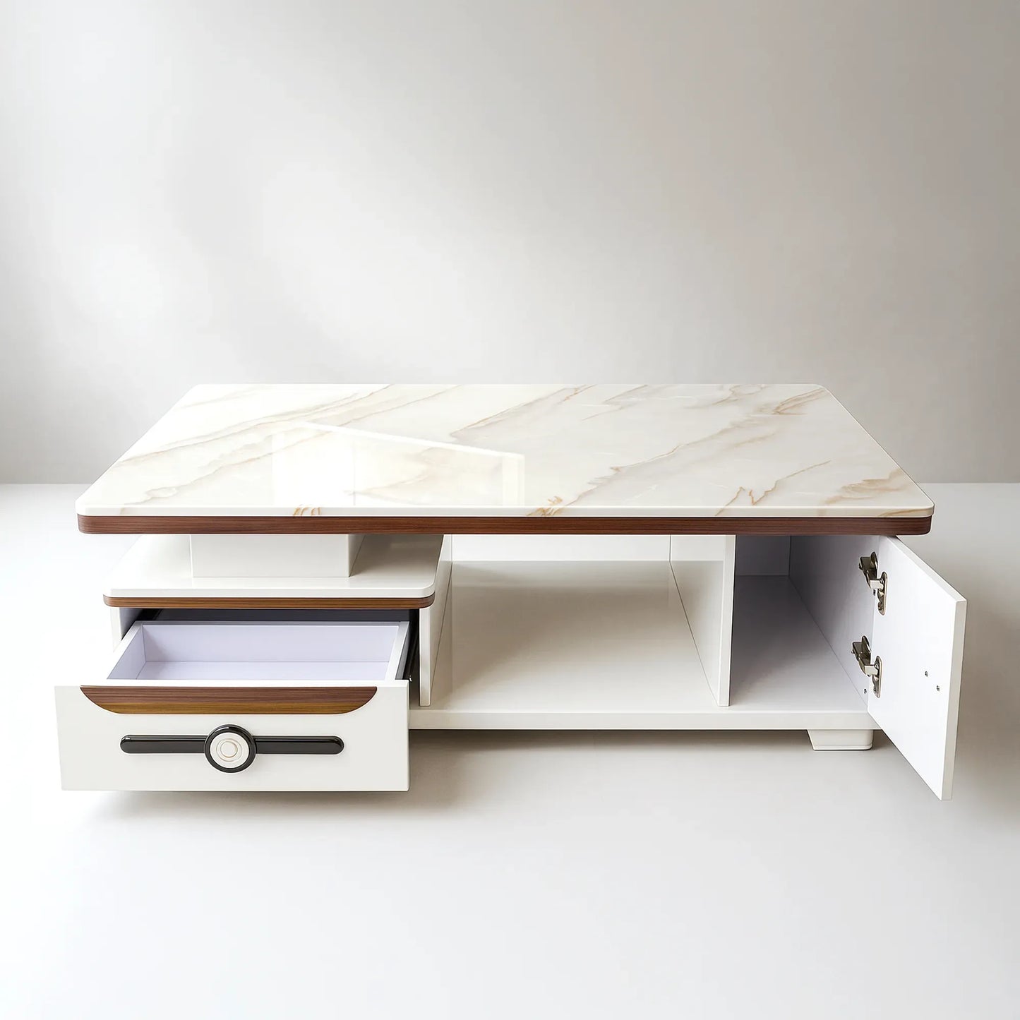 Marble-Finish Center Table with Drawer & Shelf | Gloss Finish, Sturdy MDF | Elegant White Coffee Table for Drawing Room
