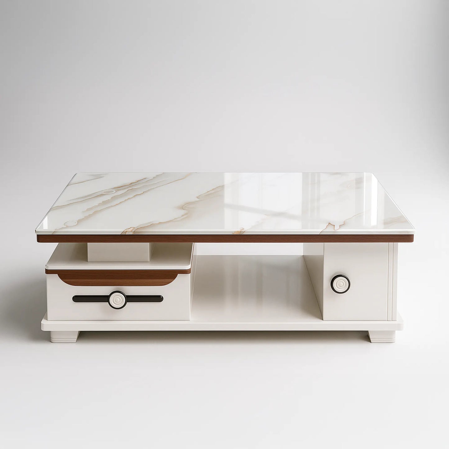 Marble-Finish Center Table with Drawer & Shelf | Gloss Finish, Sturdy MDF | Elegant White Coffee Table for Drawing Room