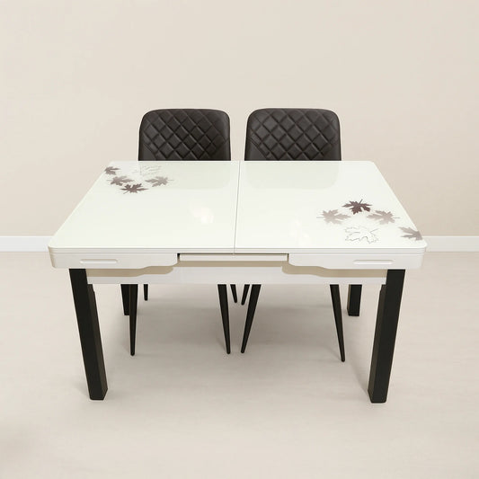 Expandable Marble Dining Table Set with 4 Cushioned Chairs – Maple Leaf Design