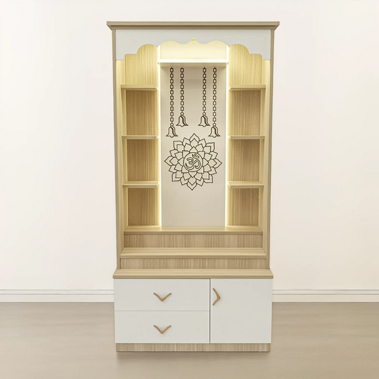 Premium Pooja Mandir with LED Backlit Om & Ample Storage – Floor-Standing Unit