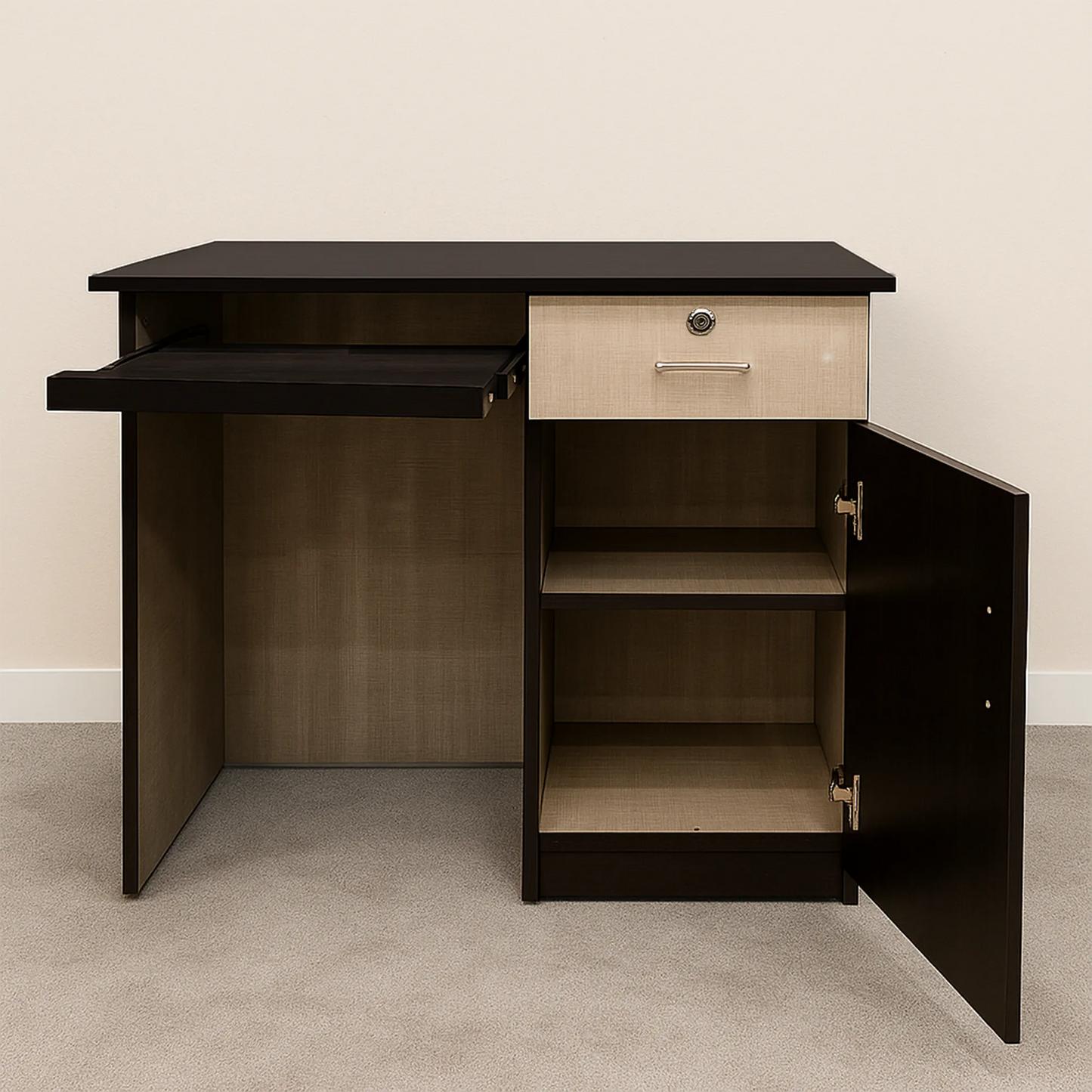 Olivia Office Table with Keyboard Tray, Cabinet & Lockable Drawer