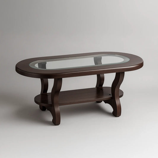 Oval Glass-Top Center Coffee Table with Lower Shelf | MDF Board | Modern Living & Drawing Room | Free Shipping Kolkata | 5-Year Service Warranty