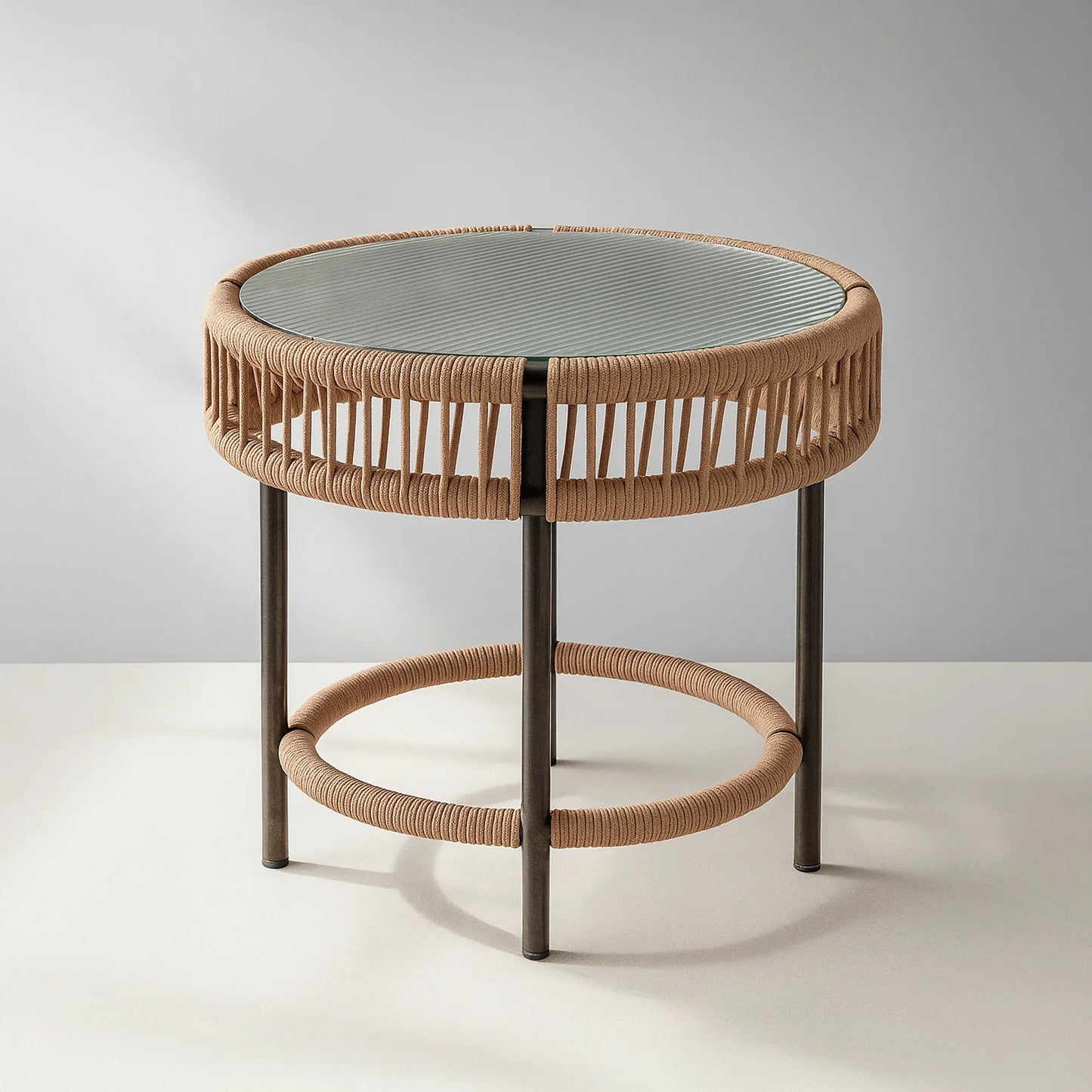 Rope Accent Chair Set with Round Coffee/Centre Table | MDF Board, Glass Top | Indoor Lounge & Patio Use