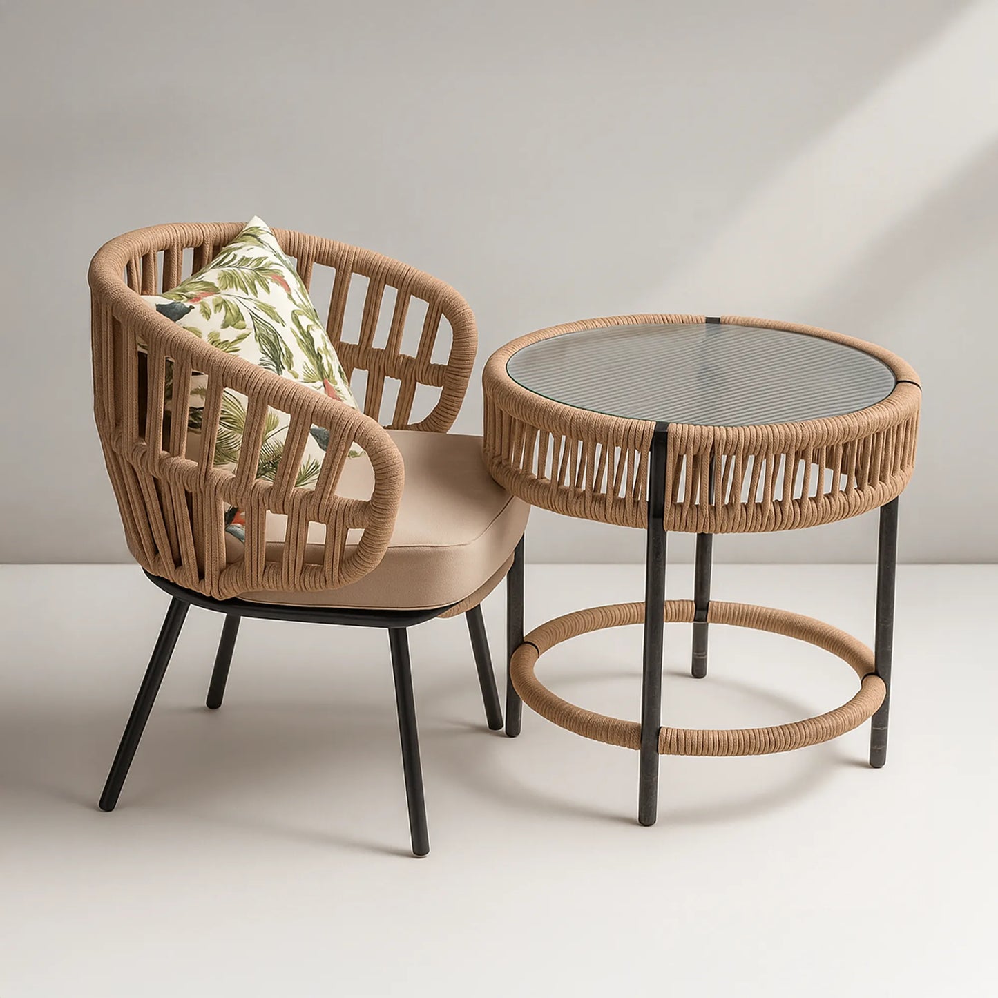 Rope Accent Chair Set with Round Coffee/Centre Table | MDF Board, Glass Top | Indoor Lounge & Patio Use