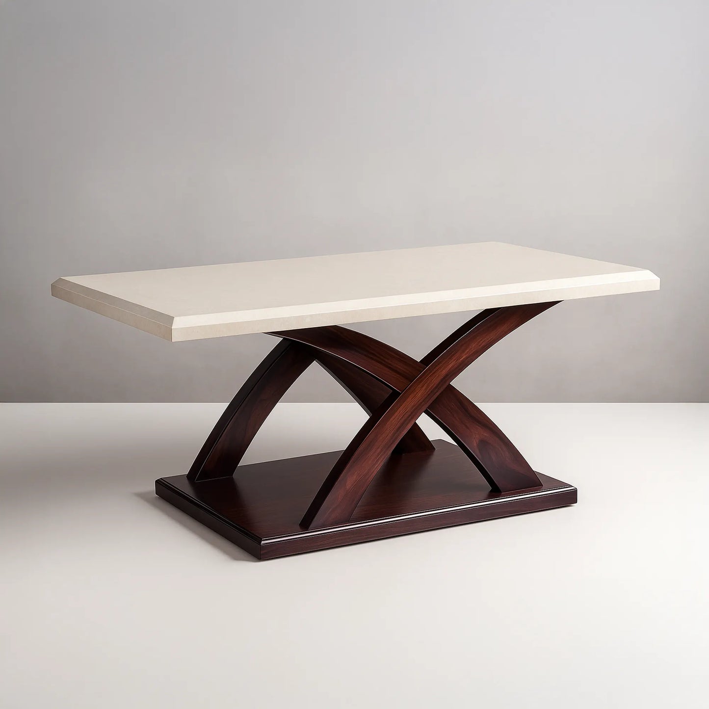 Premium Centre Table — Sleek Rectangular Top, Sculptural Crossed Base, Rich Wood-Look Base