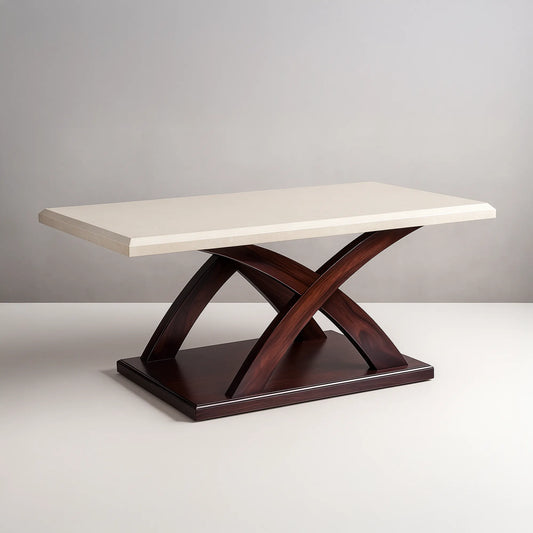 Premium Centre Table — Sleek Rectangular Top, Sculptural Crossed Base, Rich Wood-Look Base