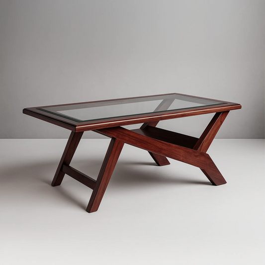 Designer Coffee Table — Glass Top, Stylish Splayed Legs, Lower Accent Shelf | Wood-Look Base, Durable Build