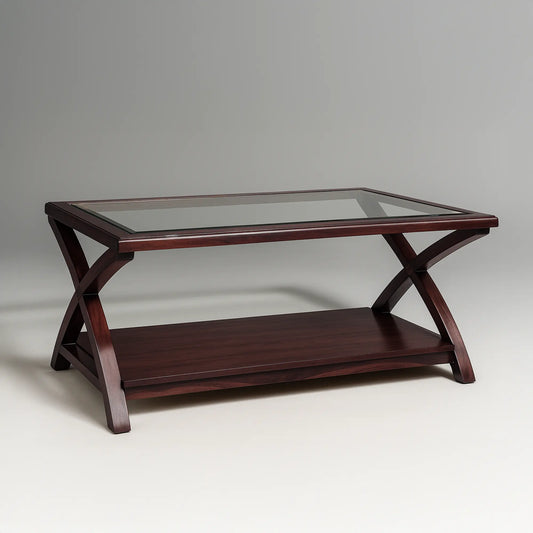 Modern Glass Inset Centre Table with X-Frame Legs & Storage Shelf | MDF Board | Living & Drawing Room