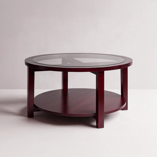 Round Wooden Coffee Table with Glass Top & Open Shelf | MDF Board | Home & Office Lounge