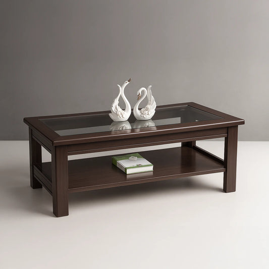 Glass-Top Wooden Center Coffee Table with Storage Shelf | MDF Board | Modern Rectangular for Living & Drawing Room | Free Shipping Kolkata | 5-Year Service Warranty