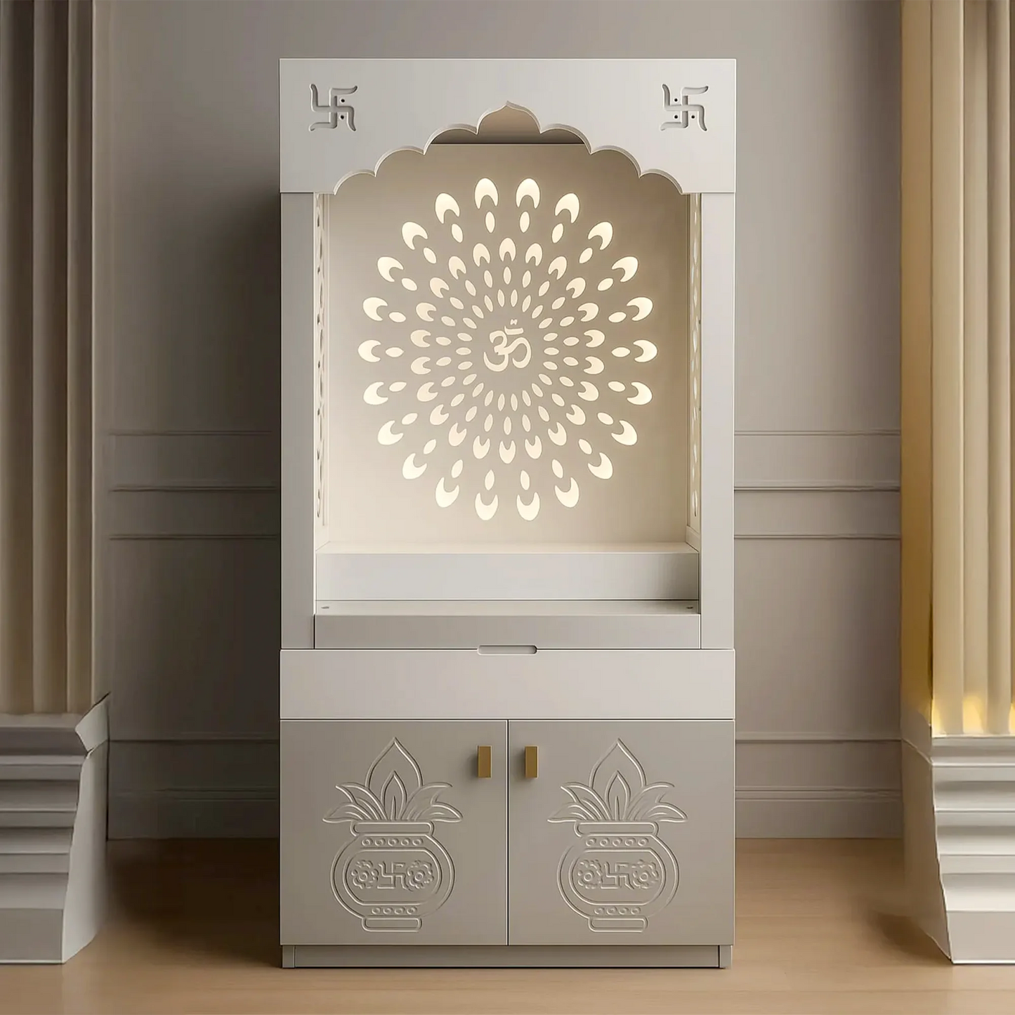 Floor-Standing Home Temple with Jaali Arch, Drawer & Double-Door Cabinet
