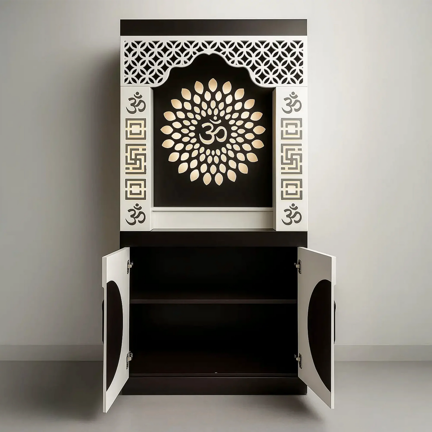 Stylish Mandir for Home with Decorative Cutwork & Warm Illumination