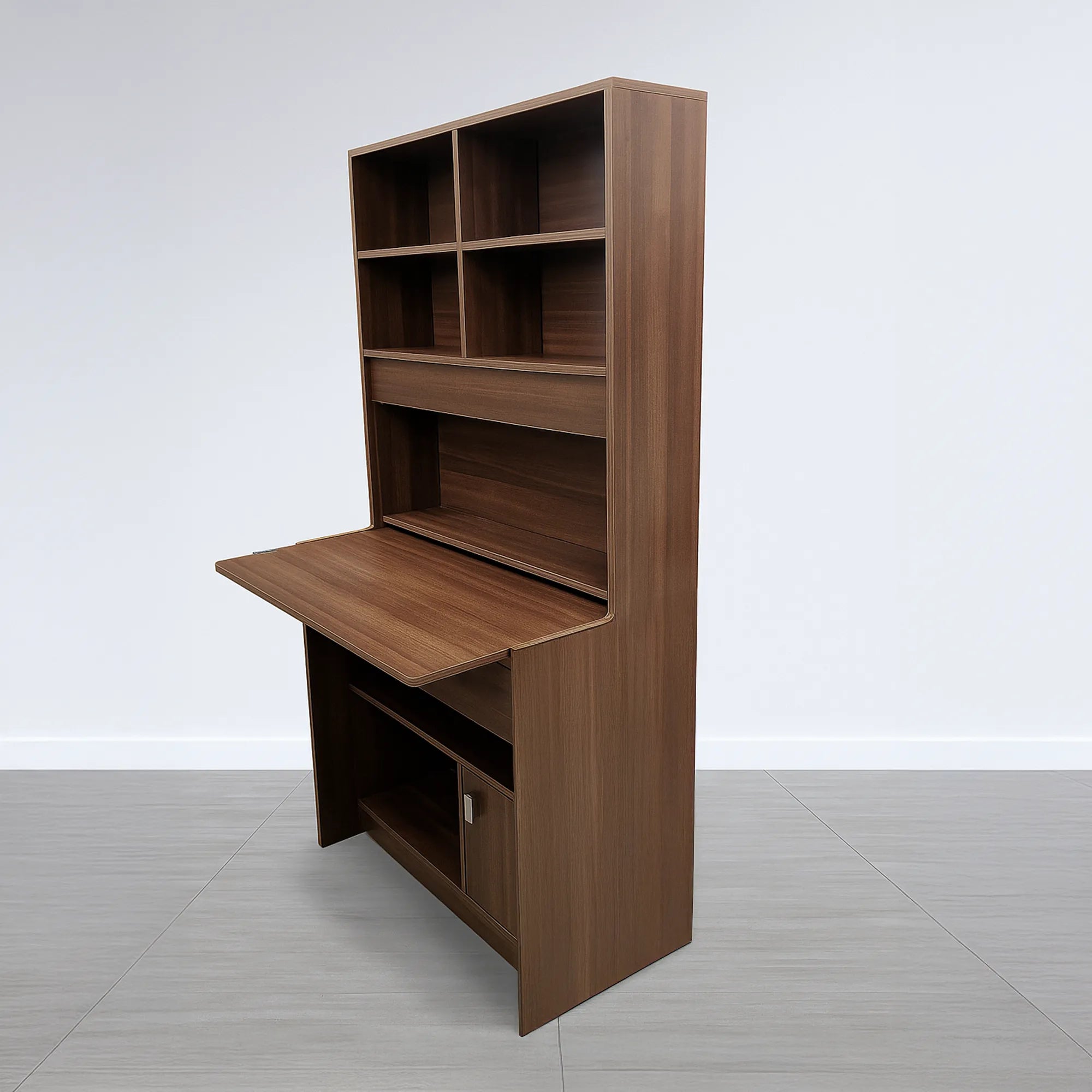 Side angle of convertible writing desk showing open workspace
