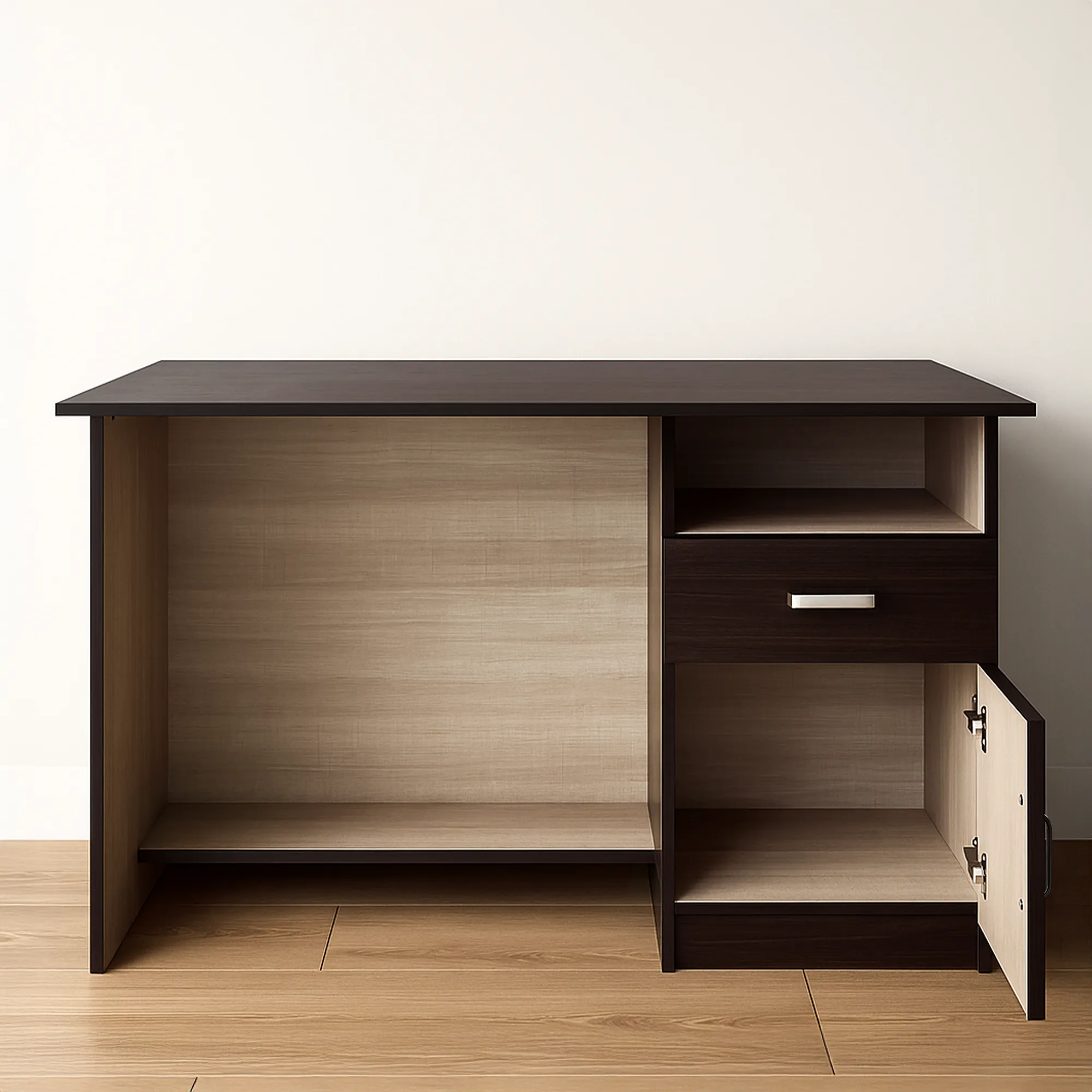 Hopking desk with open cabinet showing storage