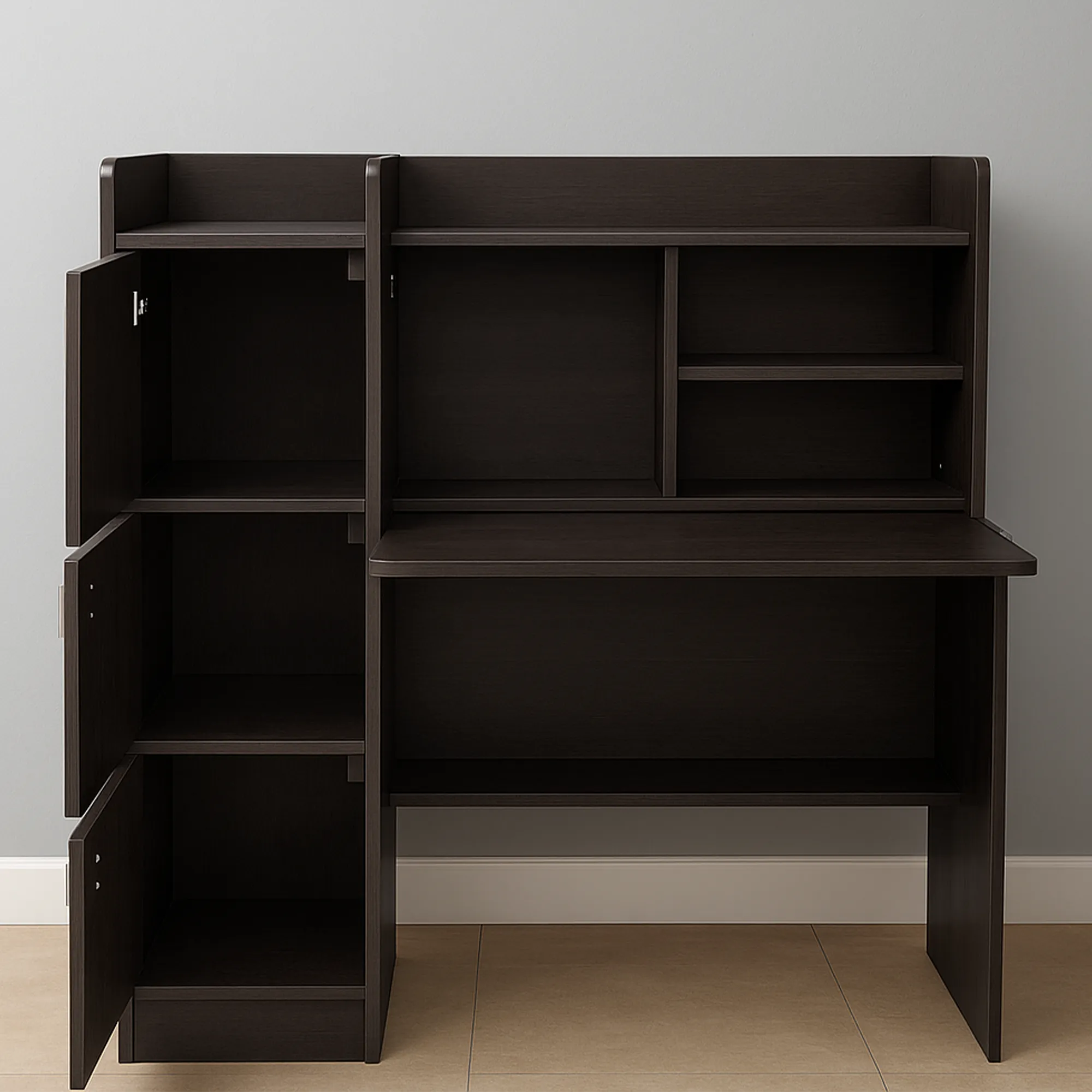Kosmo desk with open cabinets showing storage shelves
