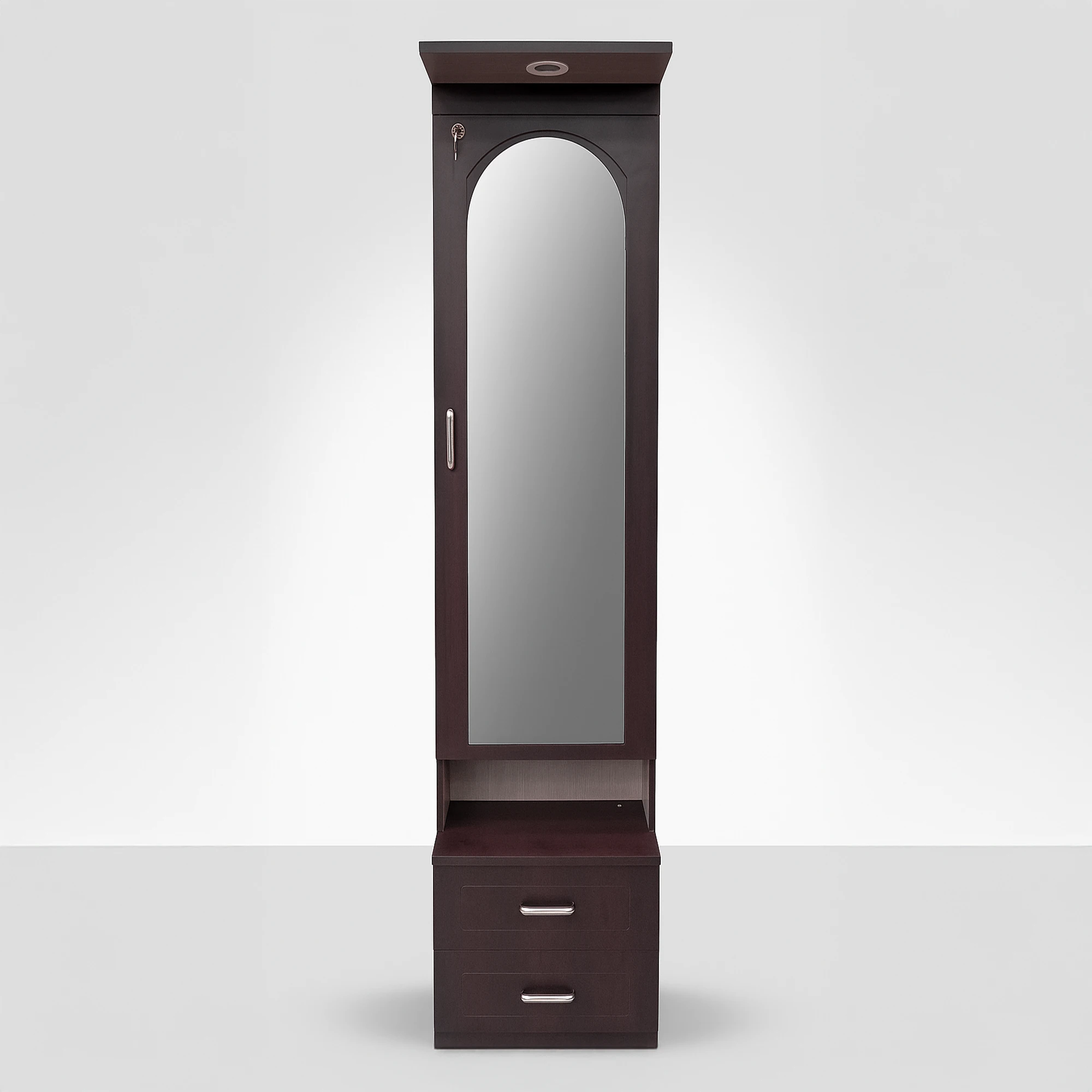 Membrane dresser with mirror door open showing internal shelves