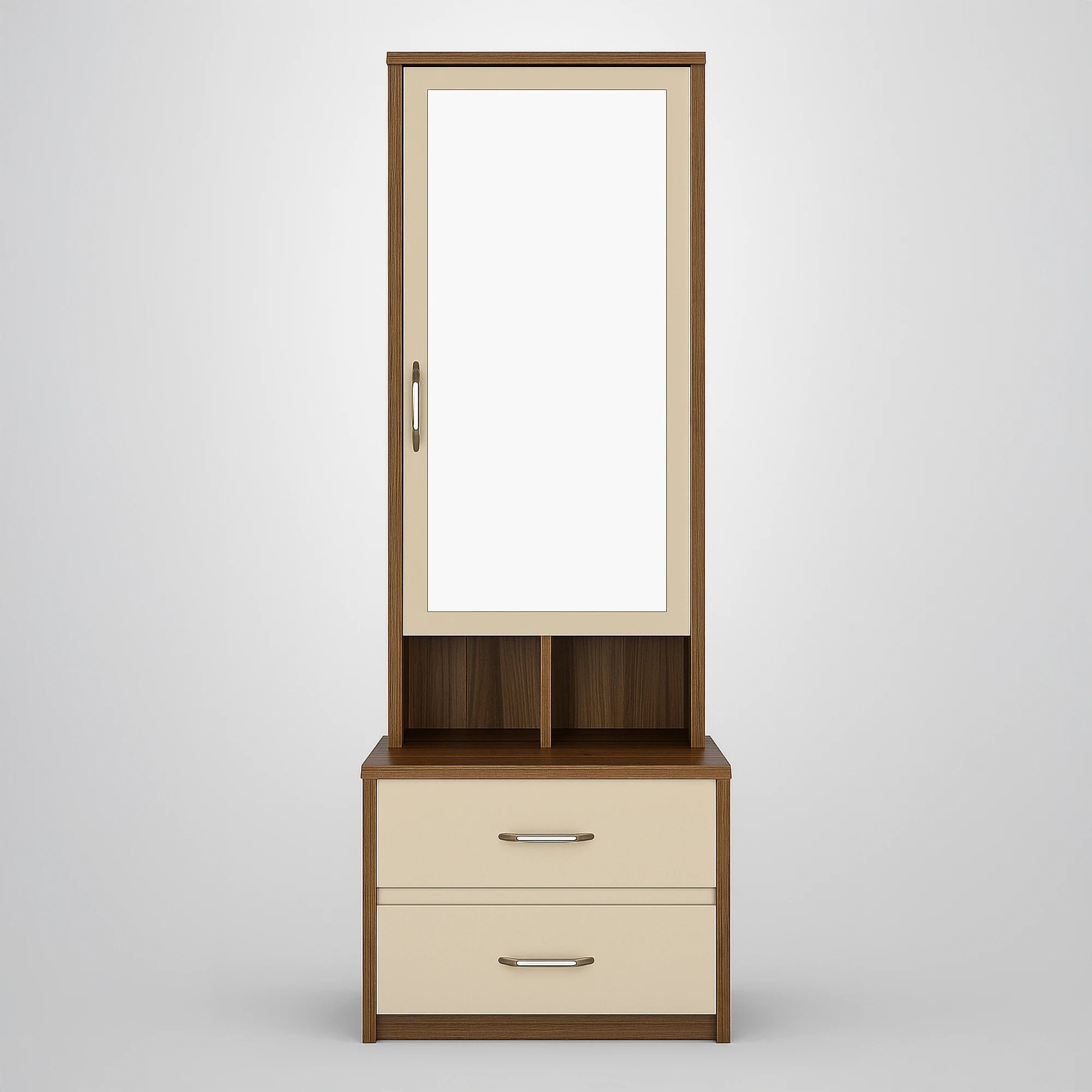 Nora dresser with mirror door open showing internal shelves