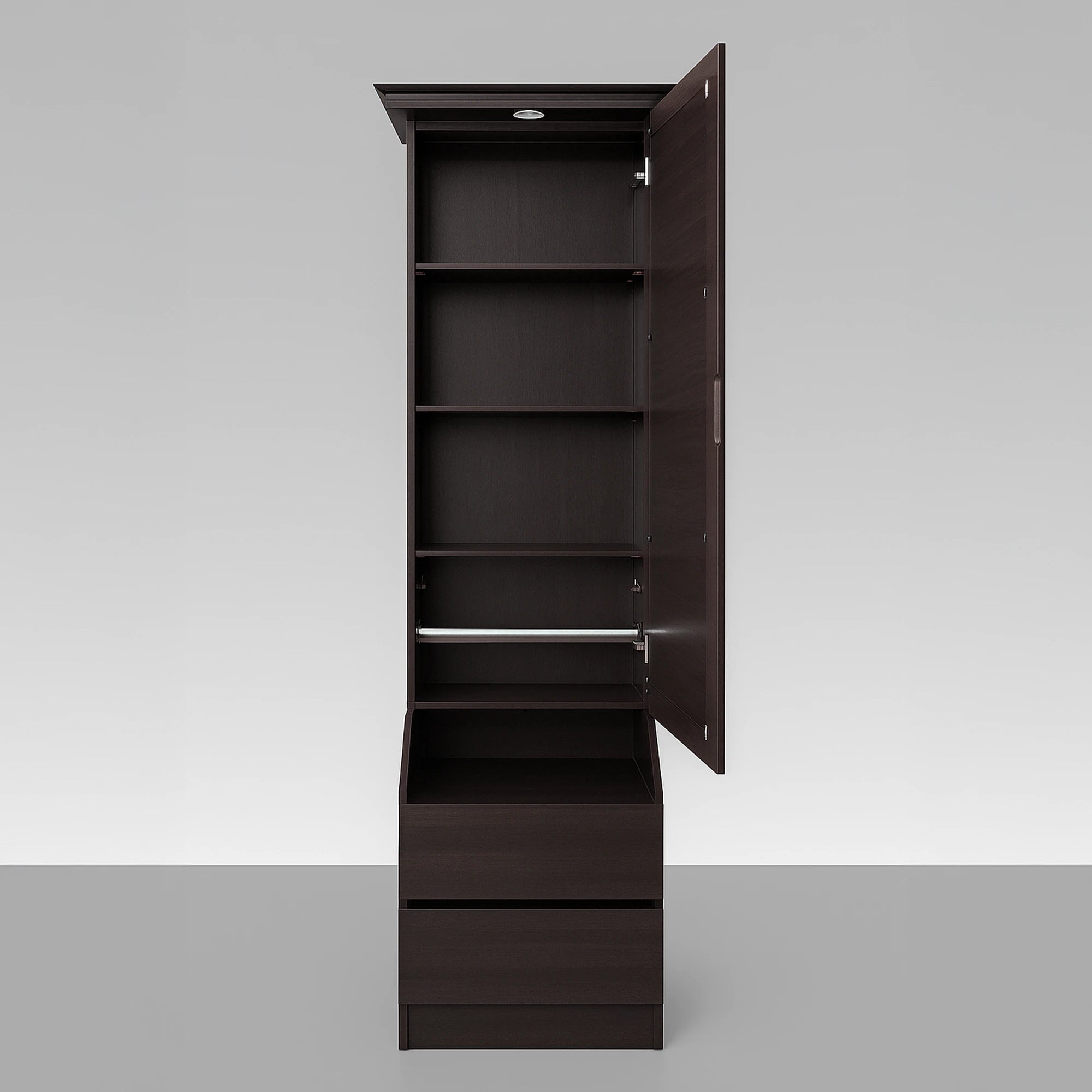 Dresser with mirror door open showing shelves and bangle rod