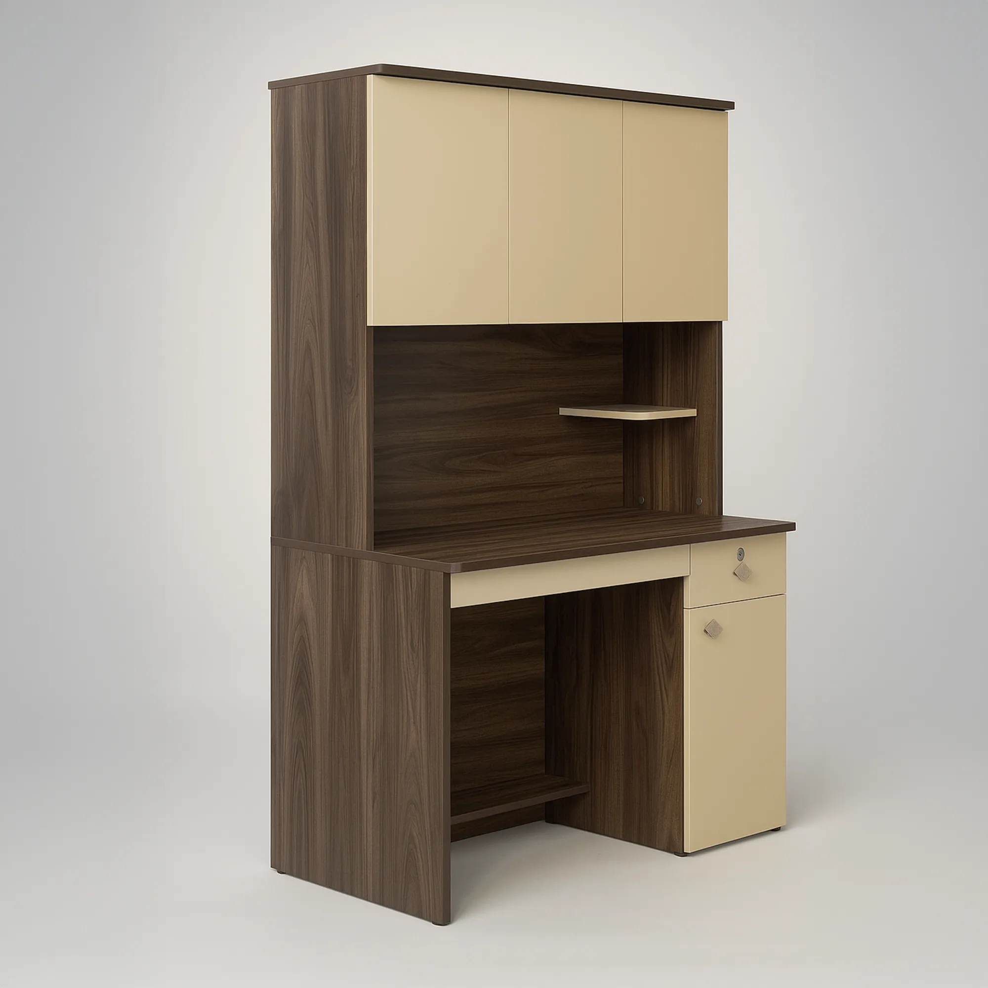 Overhead cabinets of Rockstar desk open to show storage