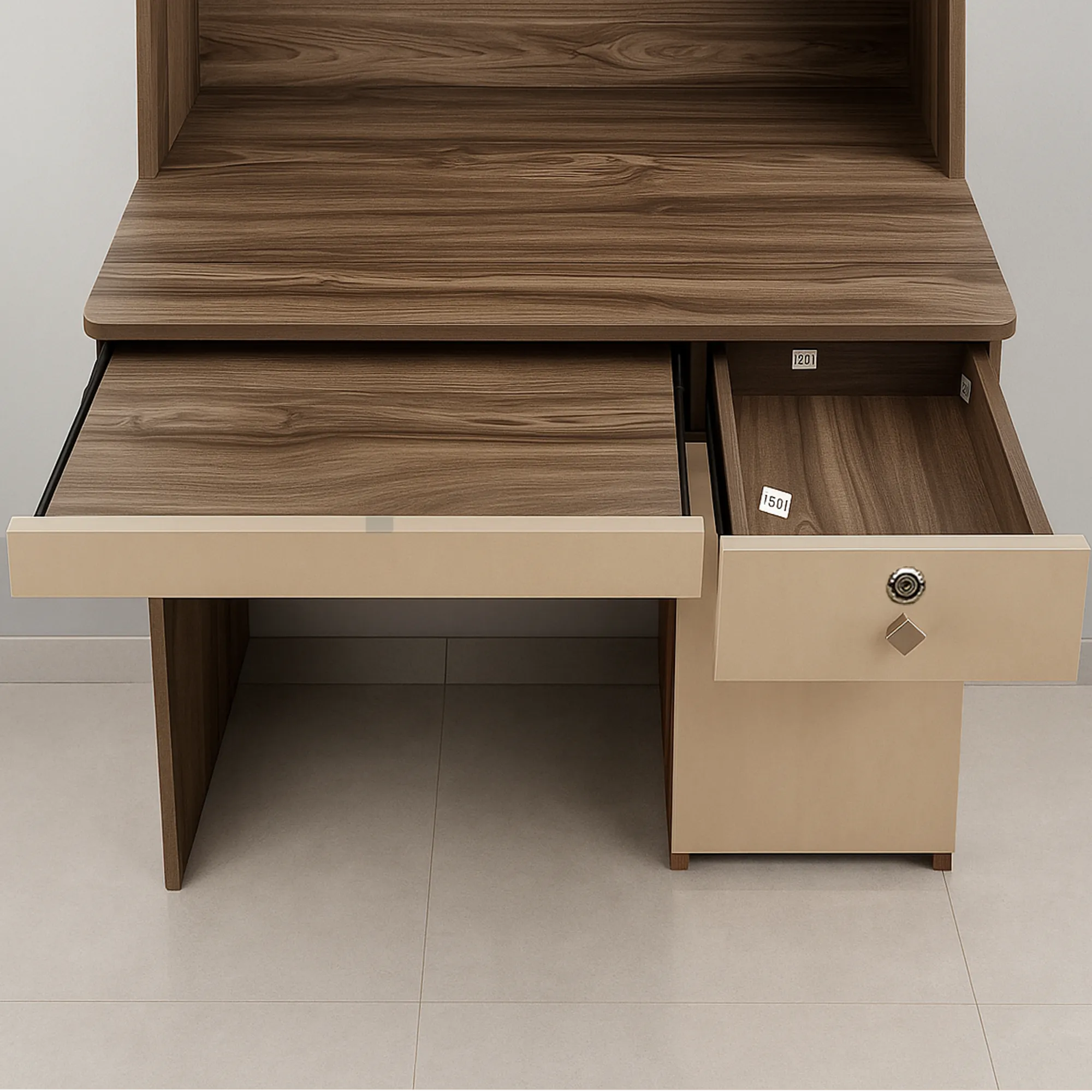 Detail of lockable drawer and keyboard tray on Rockstar desk