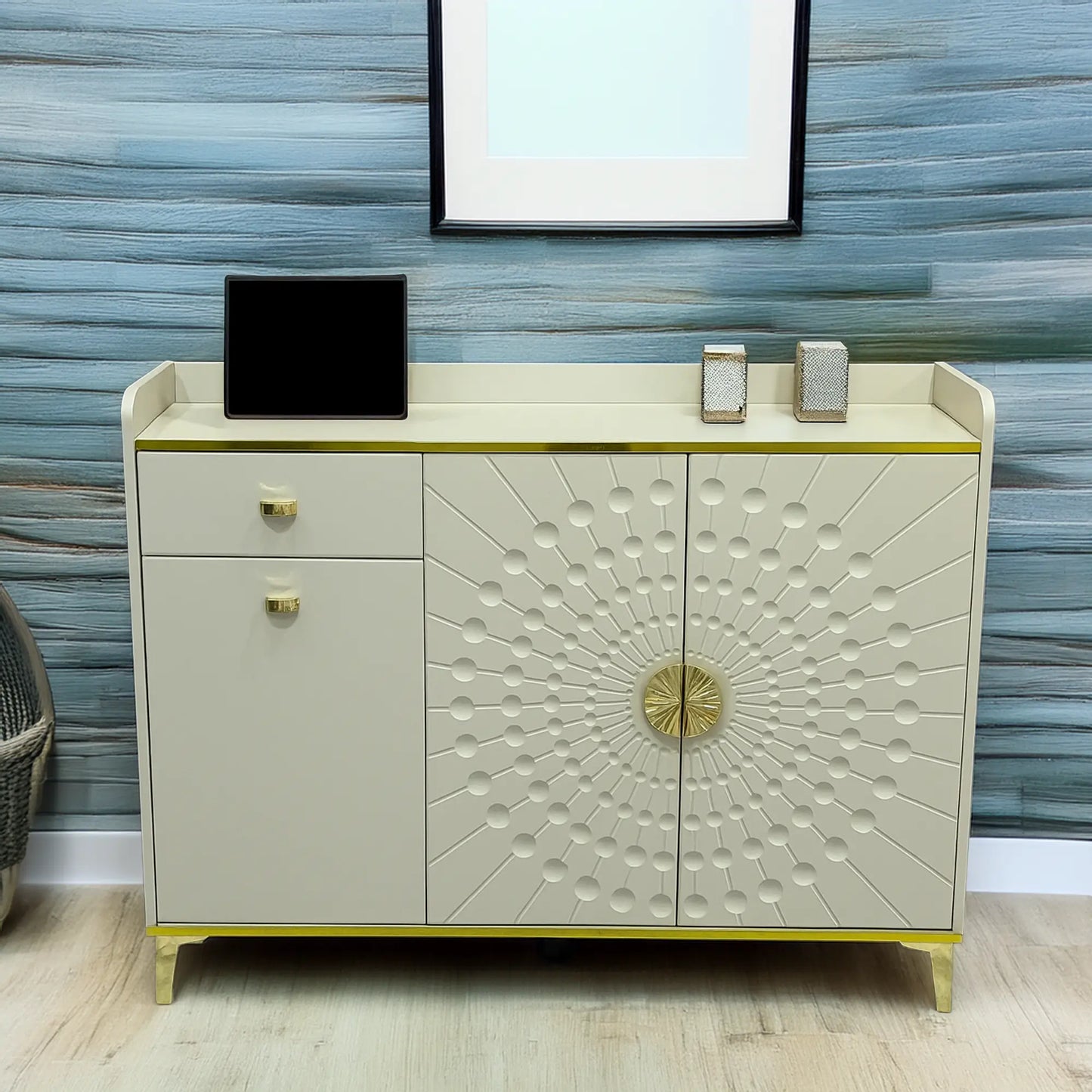Solstice Luxury Sunburst Sideboard & Shoe Cabinet (48"L x 39"H) | Cream & Gold