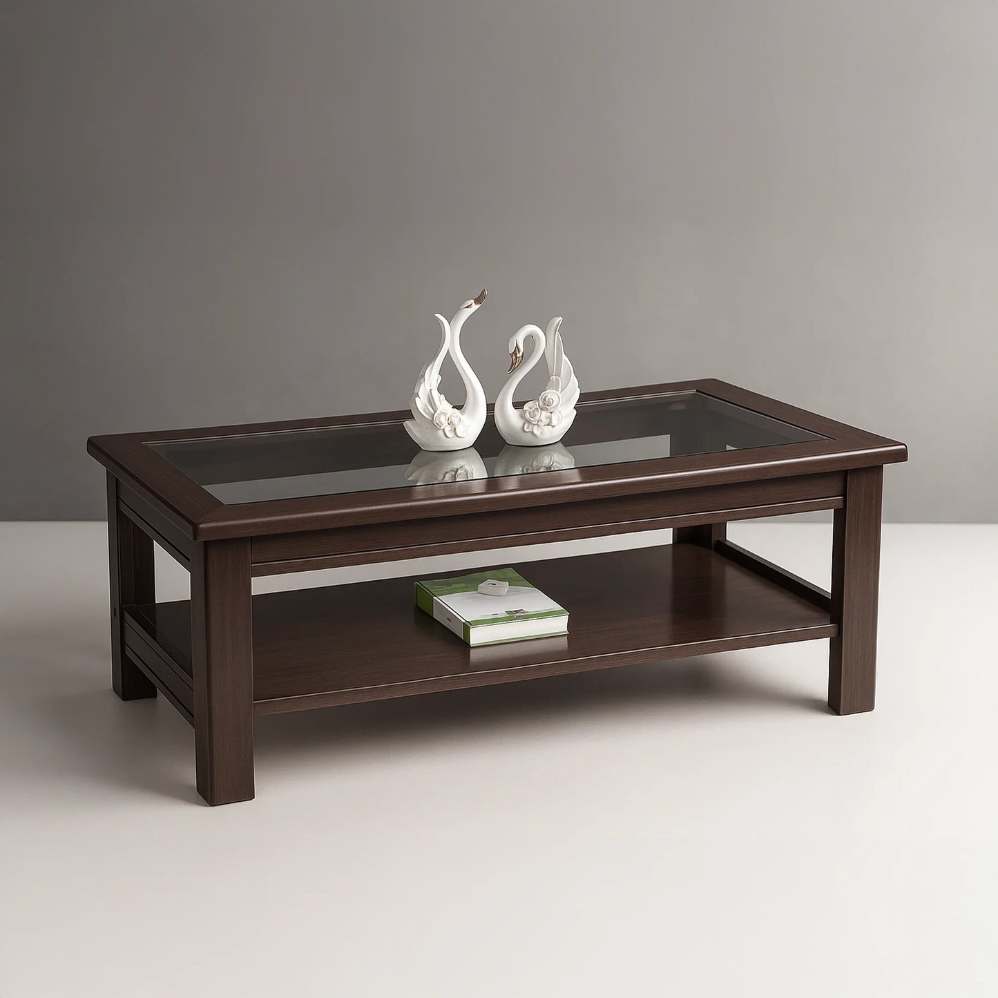 Glass-Top Wooden Center Coffee Table with Storage Shelf | MDF Board | Modern Rectangular for Living & Drawing Room | Free Shipping Kolkata | 5-Year Service Warranty