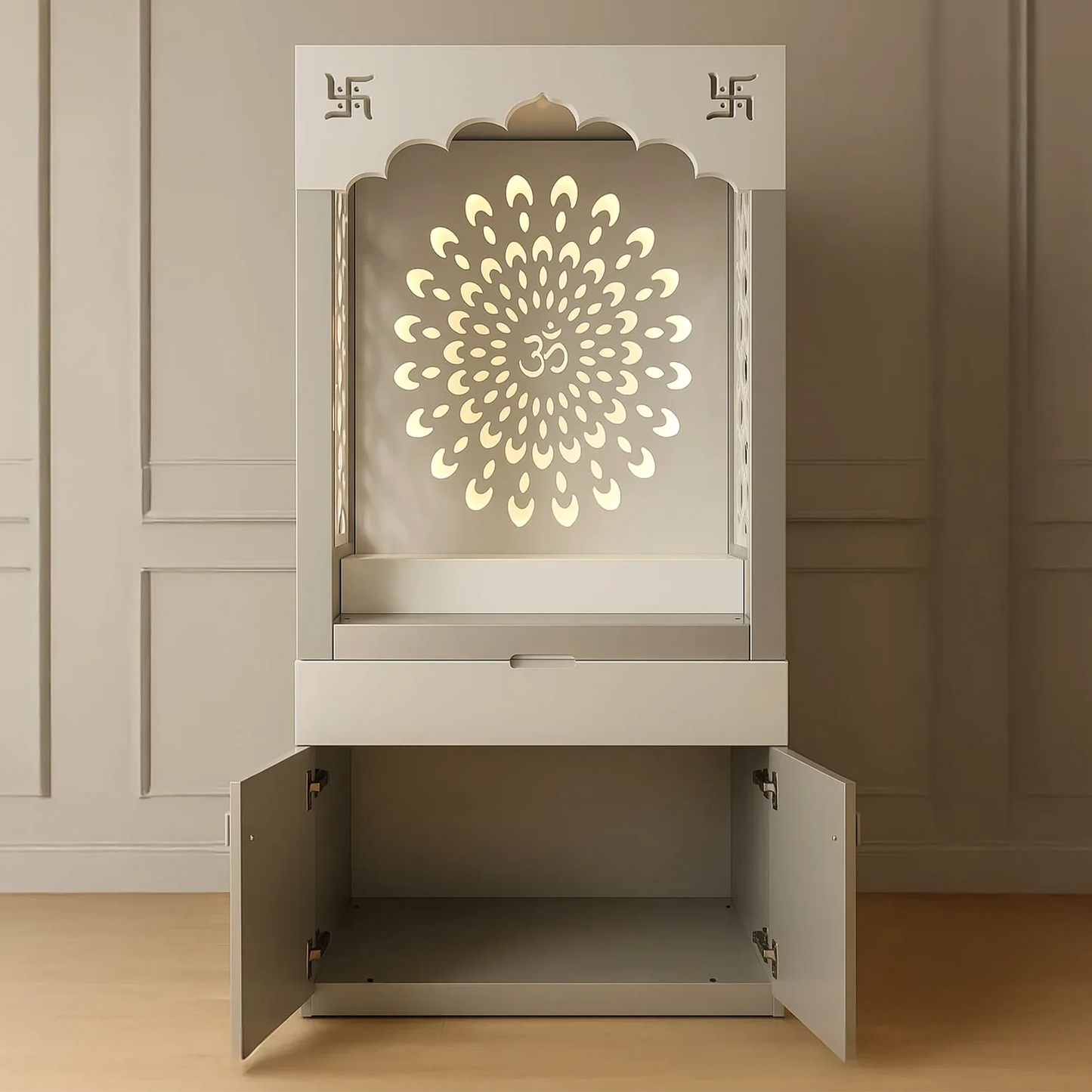 Floor-Standing Home Temple with Jaali Arch, Drawer & Double-Door Cabinet