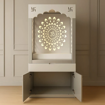 Floor-Standing Home Temple with Jaali Arch, Drawer & Double-Door Cabinet