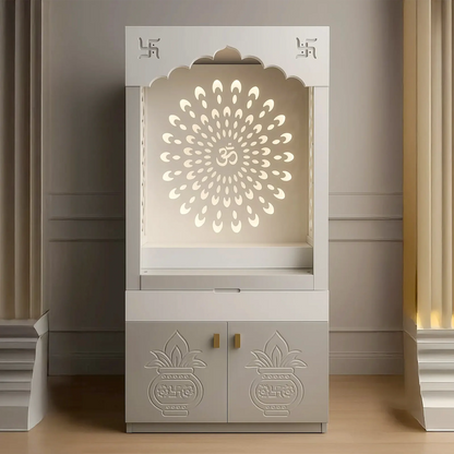 Floor-Standing Home Temple with Jaali Arch, Drawer & Double-Door Cabinet